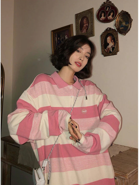 Long Sleeve Turn Down Collar Pink Striped Shirts