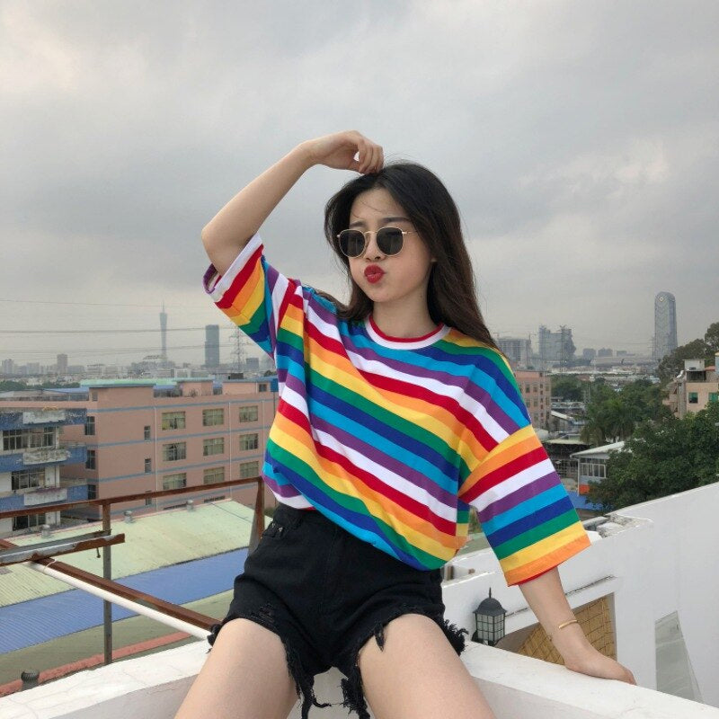 Short Sleeve Cute Rainbow Striped Shirts