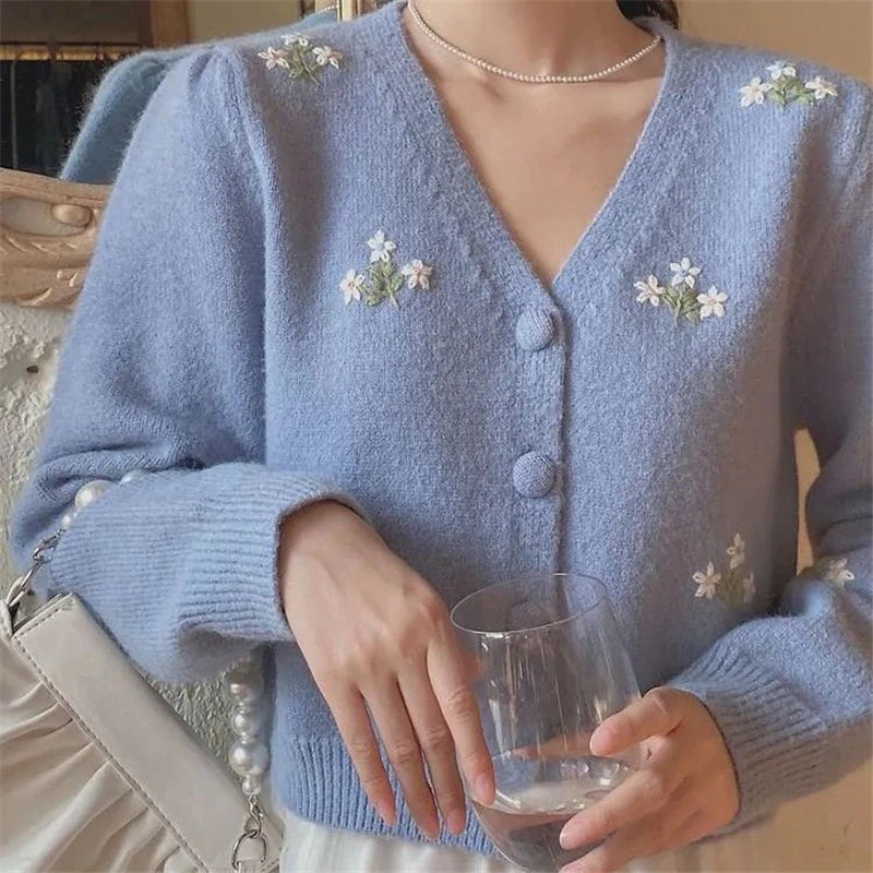 V-Neck Floral Embroidered Knitted Cardigan Sweater