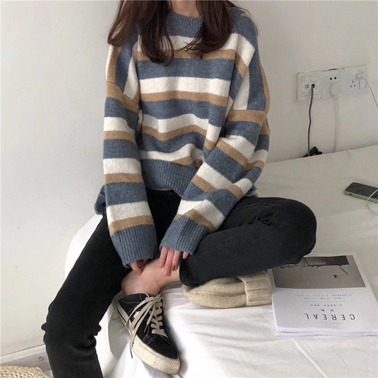 Long Sleeve Retro Striped Knitted Sweater