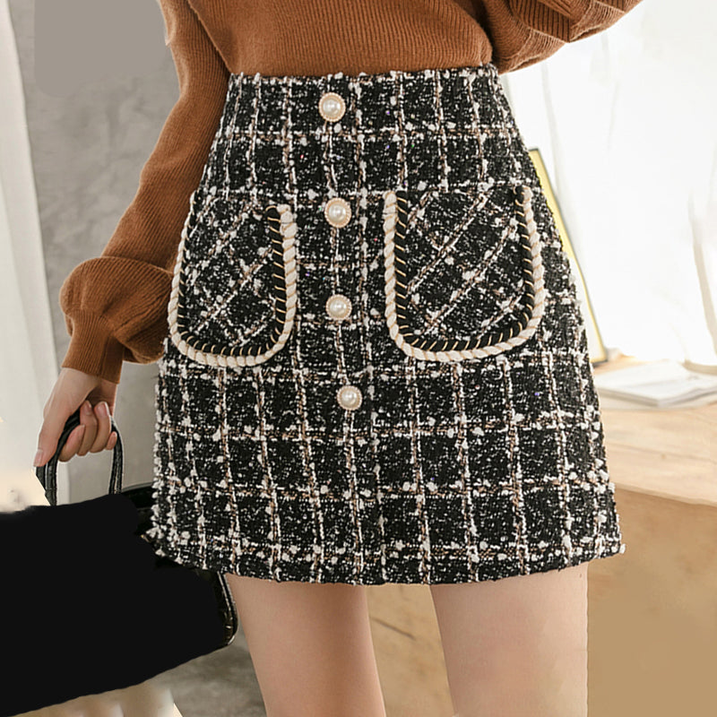 High Waist Elegant Pearls Button Mini Pencil Skirts