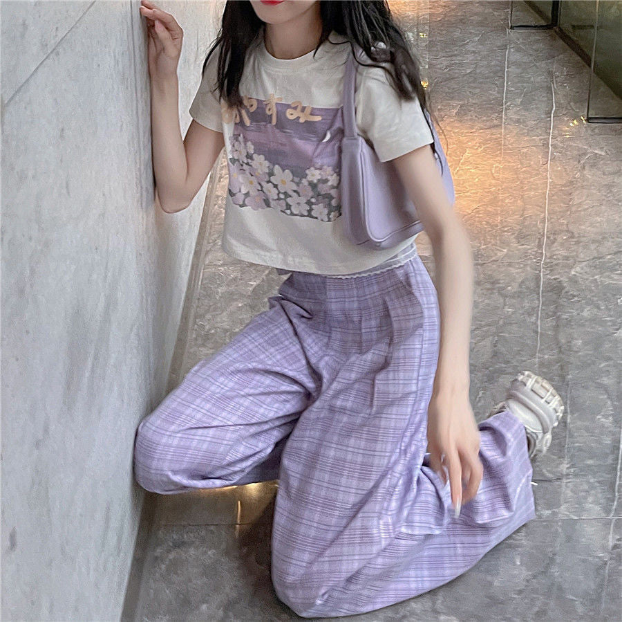 High Waist Cute Purple Plaid Loose Pants