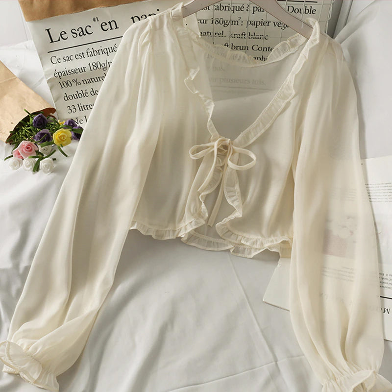 Long Sleeve Lace Tie Thin Transparent Shirts