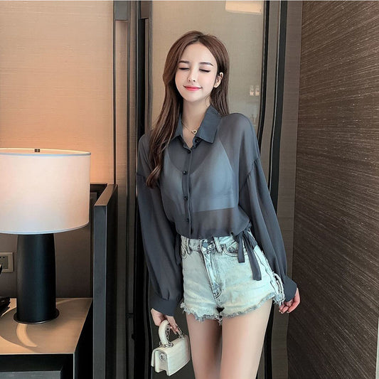 Casual Rope Waist Strap Transparent Shirts