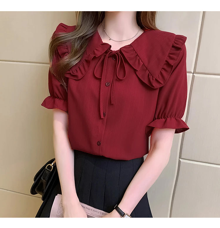 Loose Short Sleeve Doll Collar Blouse Shirt