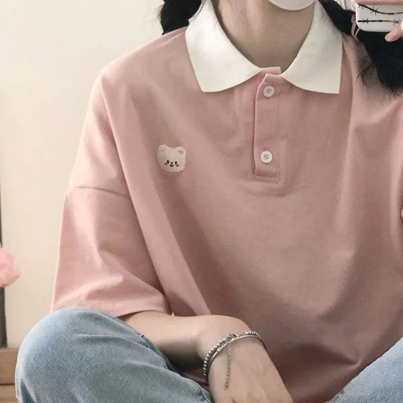 Cute Bear Pocket Embroidered Collar Shirts