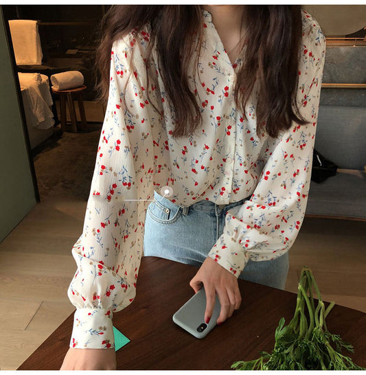 Long Sleeve Flowers Pattern Blouse Shirts