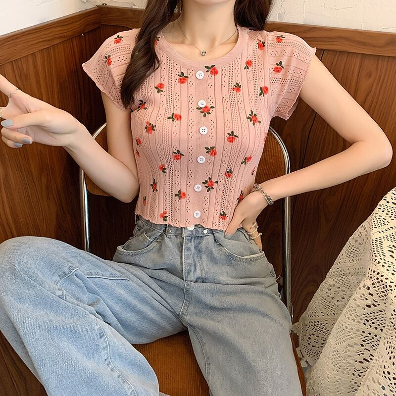 Short Sleeve Flower Knitted Slim Shirt