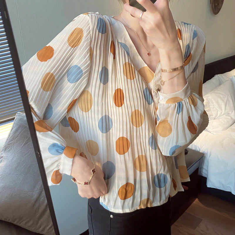 Long Sleeve Chiffon Elegant Polka Dot Blouse Shirt