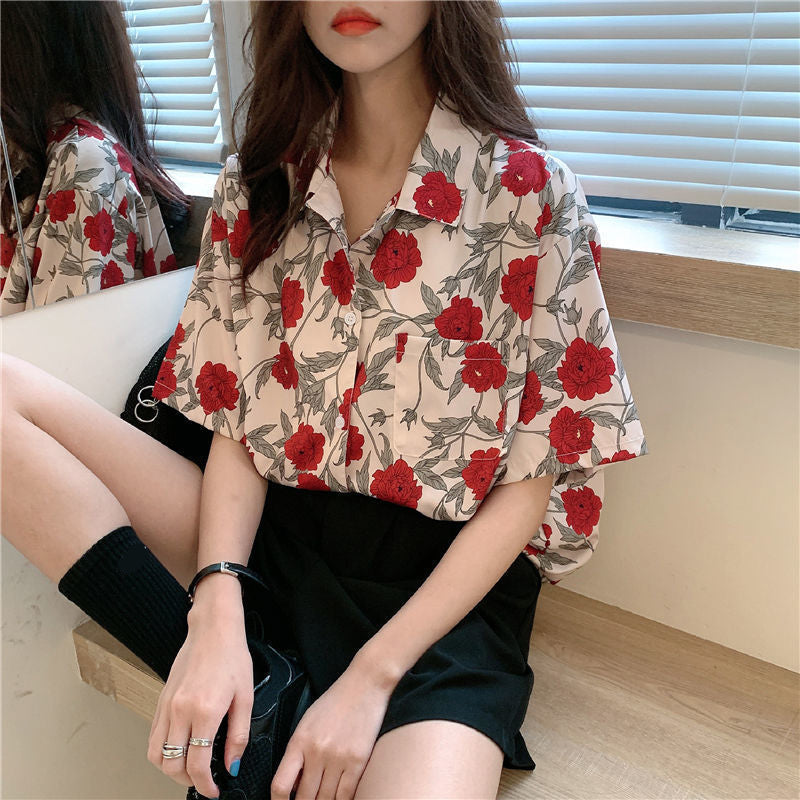 Short Sleeve Roses Pattern Blouse Shirts
