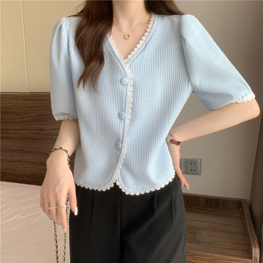 Short Sleeve V-Neck Office Blouse Shirt