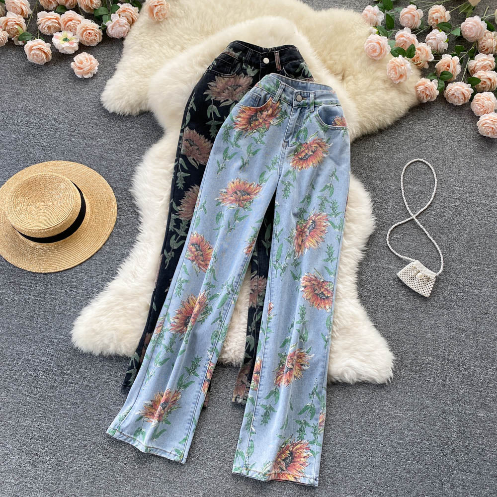 High Waist Sun Flower Pattern Jeans Pants