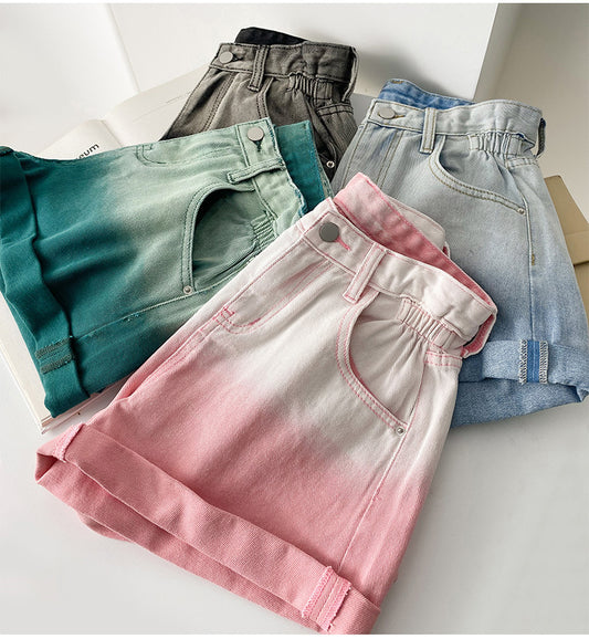 High Waist Gradient Colors Denim Shorts Jeans