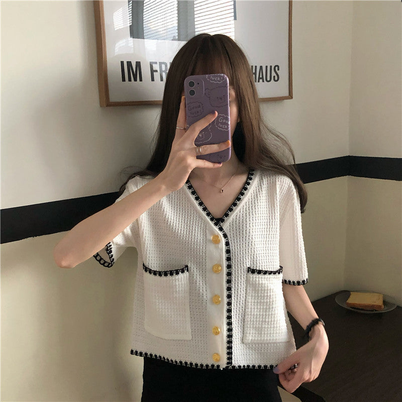 Short Sleeve Knitted Tunic Cropped Shirt