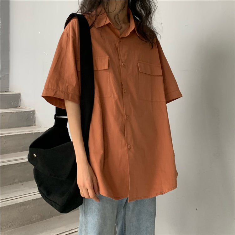 Loose Short Sleeve Double Pocket Blouse Shirts