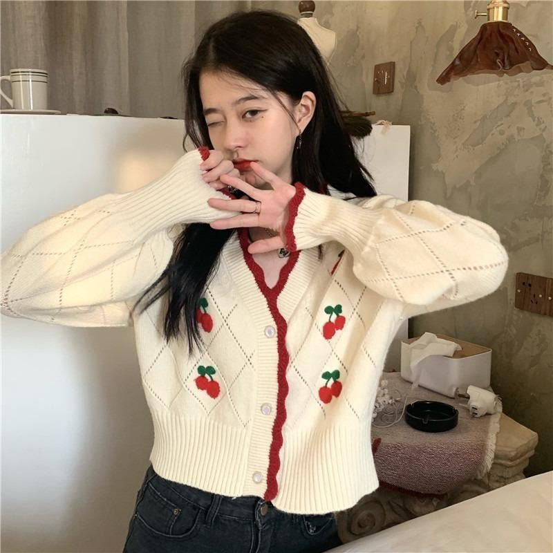 Retro Cherry Pattern Cardigan Sweater