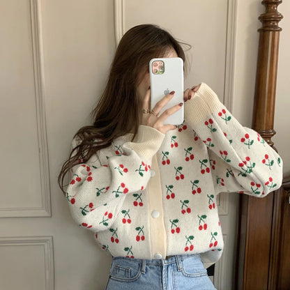 Cherry Full Pattern Knitted Cardigan Sweater