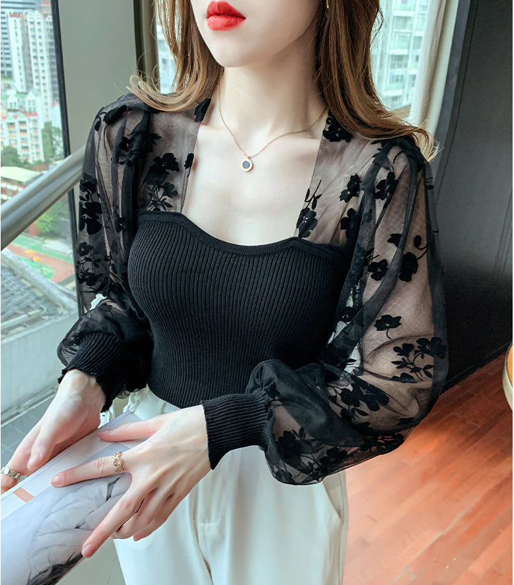 Long Sleeve Mesh Floral Pattern Blouse Shirts