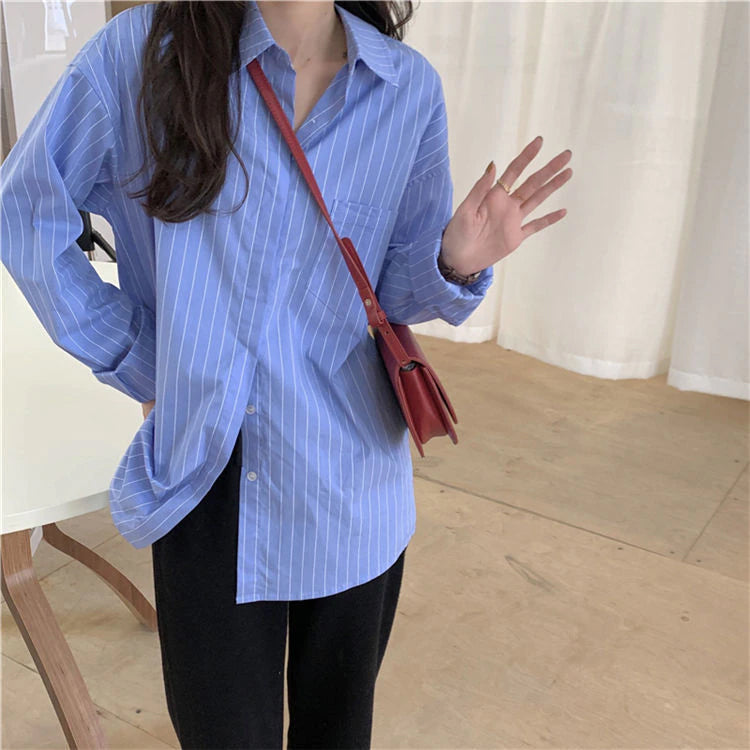 Long Sleeve Blue Striped Blouse Shirt