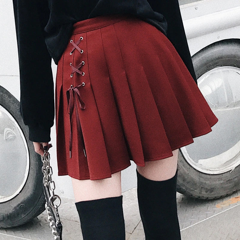 Front Lace Up Tie Pleated Mini Skirts