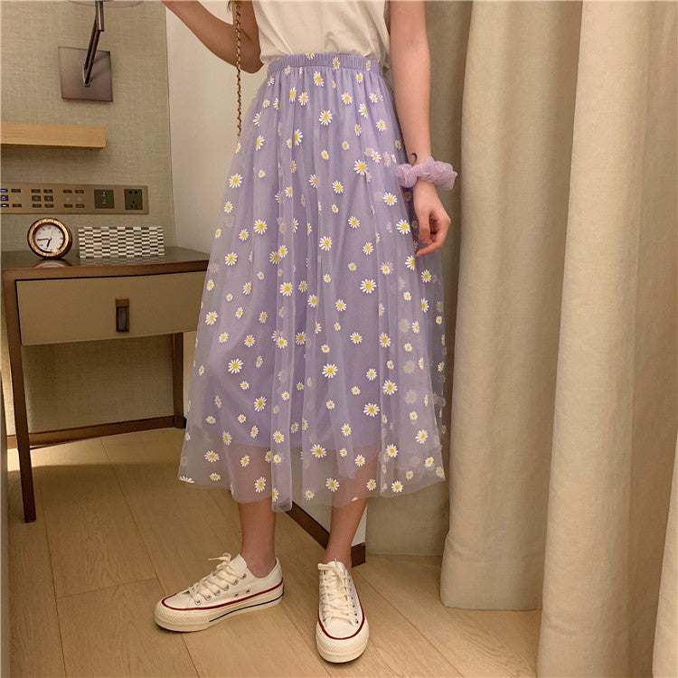 High Waist Daisy Pattern Long Skirts