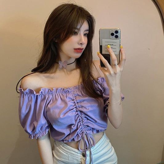 Sexy Puff Sleeve Ruffles Cropped Shirt