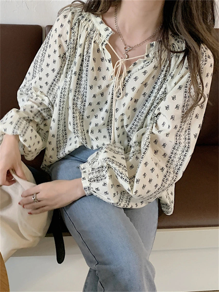 Long Sleeve Loose Retro Pattern Lace Up Blouse Shirts