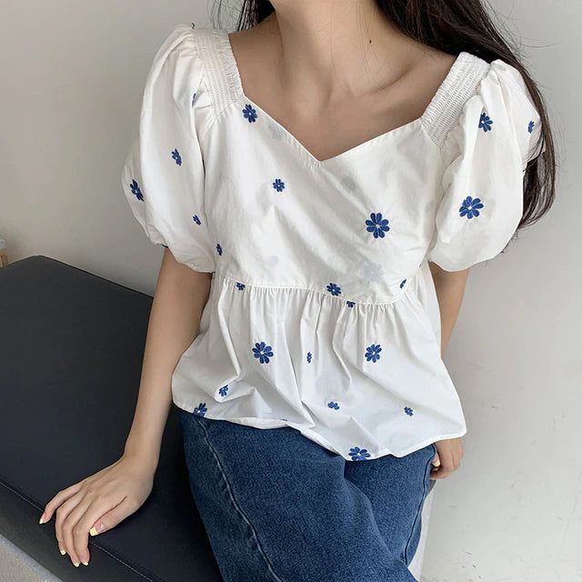 Short Puff Sleeve Floral Blouse Shirt