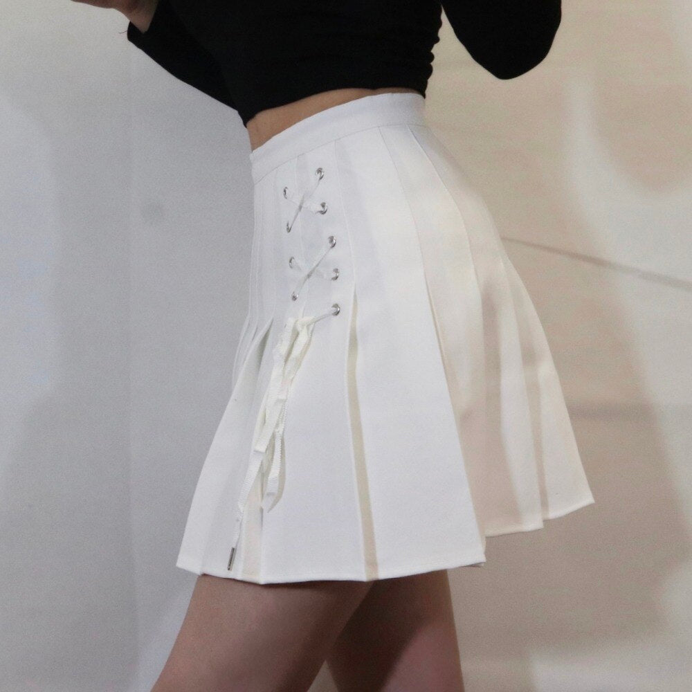 Front Lace Up Tie Pleated Mini Skirts