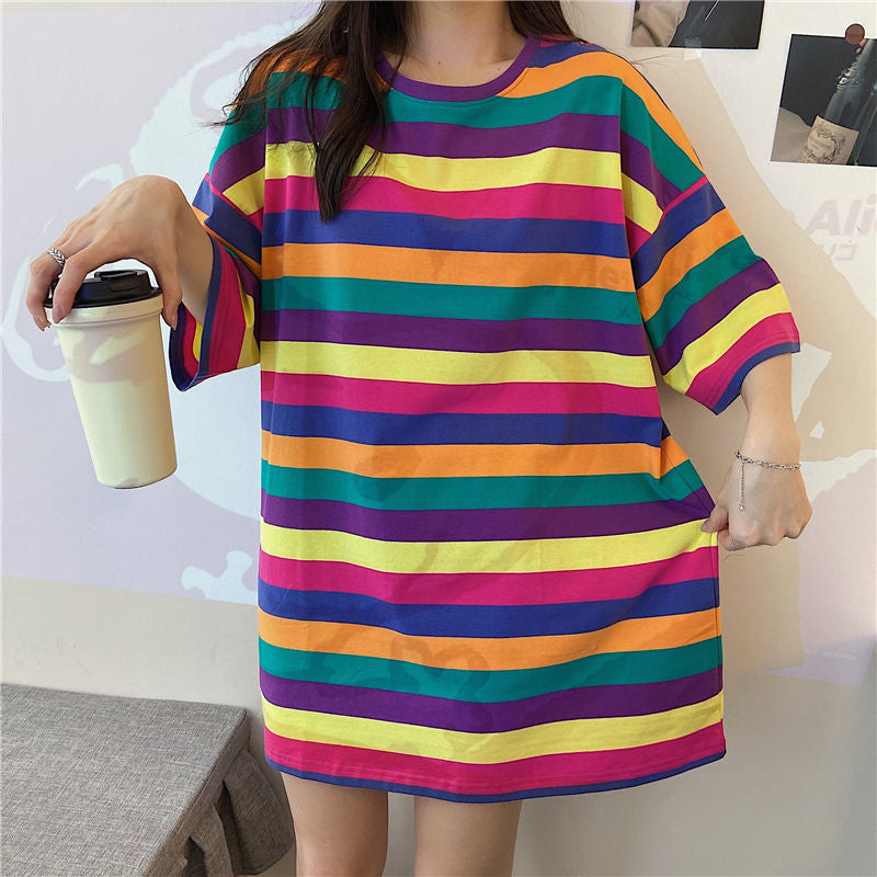 Loose Short Sleeve Cute Striped Shirts