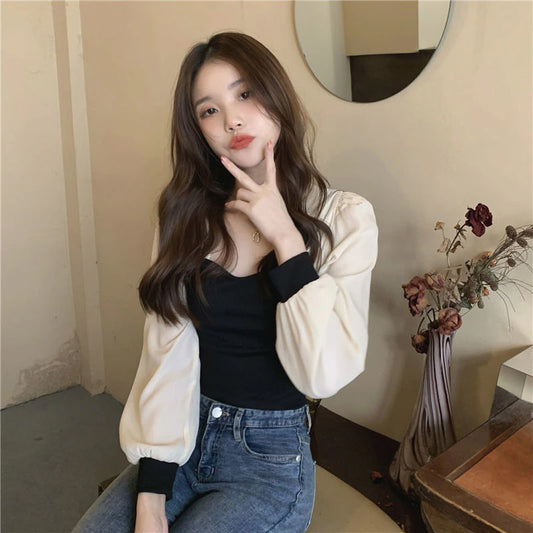 Long Sleeve Color Stitching Blouse Shirts