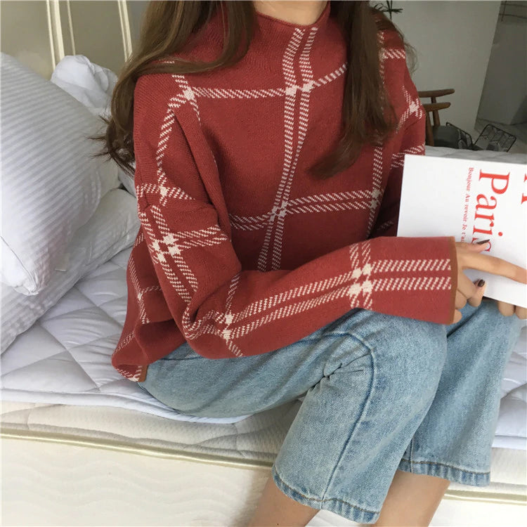 Loose Plaid Knitted Turtleneck Sweater