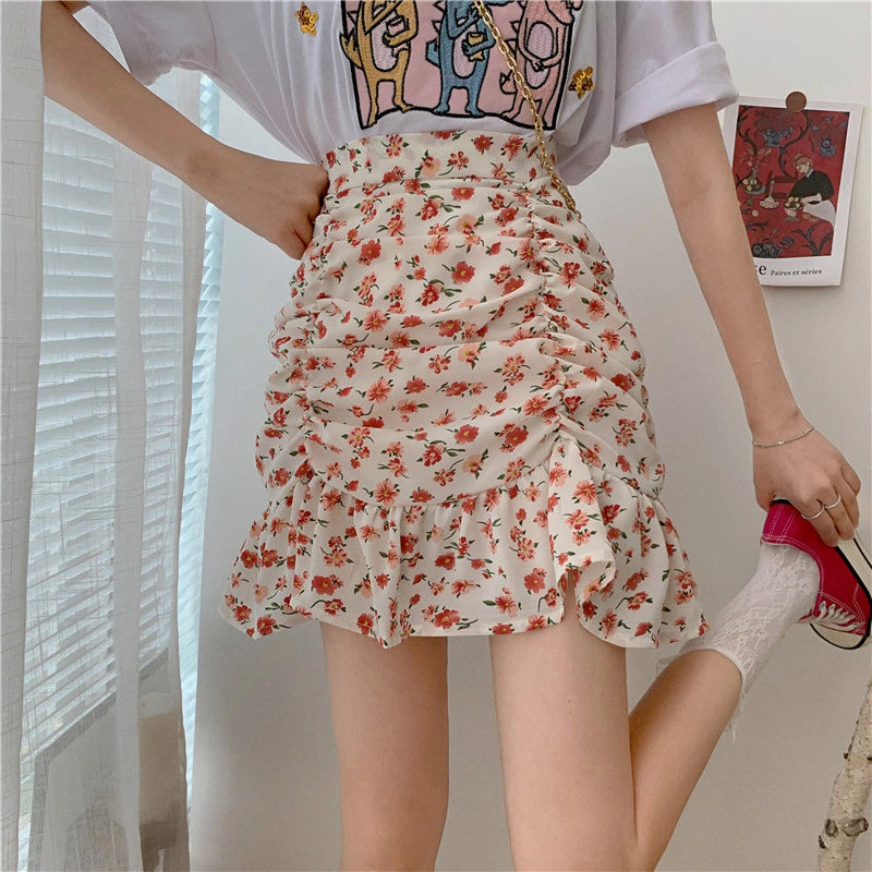 High Waist Fold Floral Pattern Mini Skirts