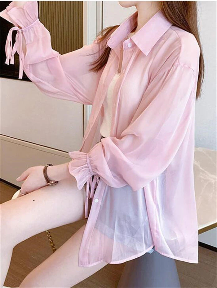 Long Sleeve Elegant Transparent Blouse Shirts