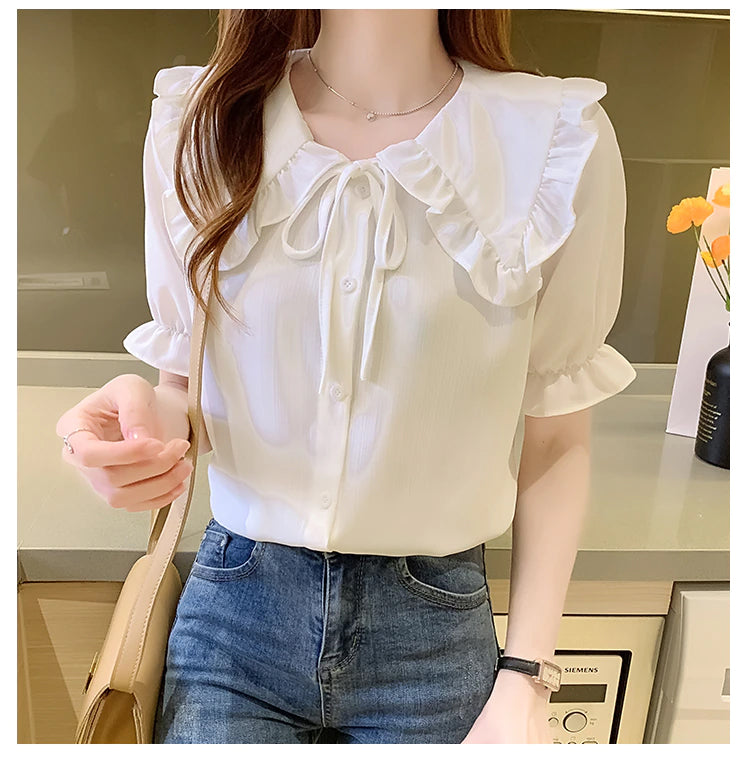 Loose Short Sleeve Doll Collar Blouse Shirt