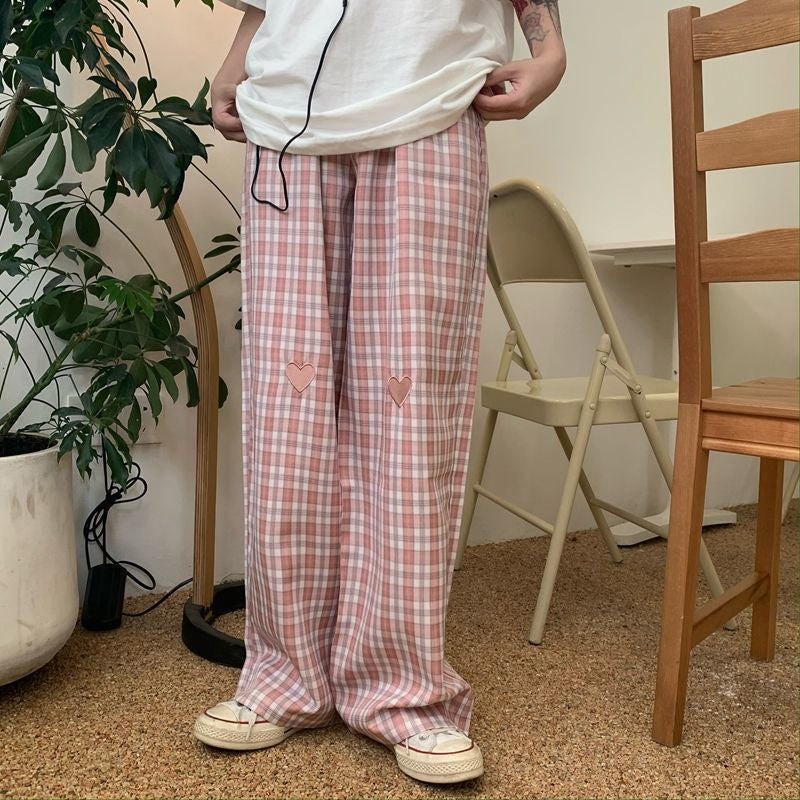 Loose Love Embroidered Plaid Long Pants