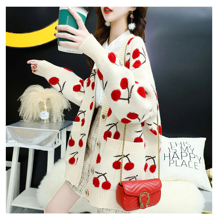 Loose Cherry Full Printed Cardigan Sweater