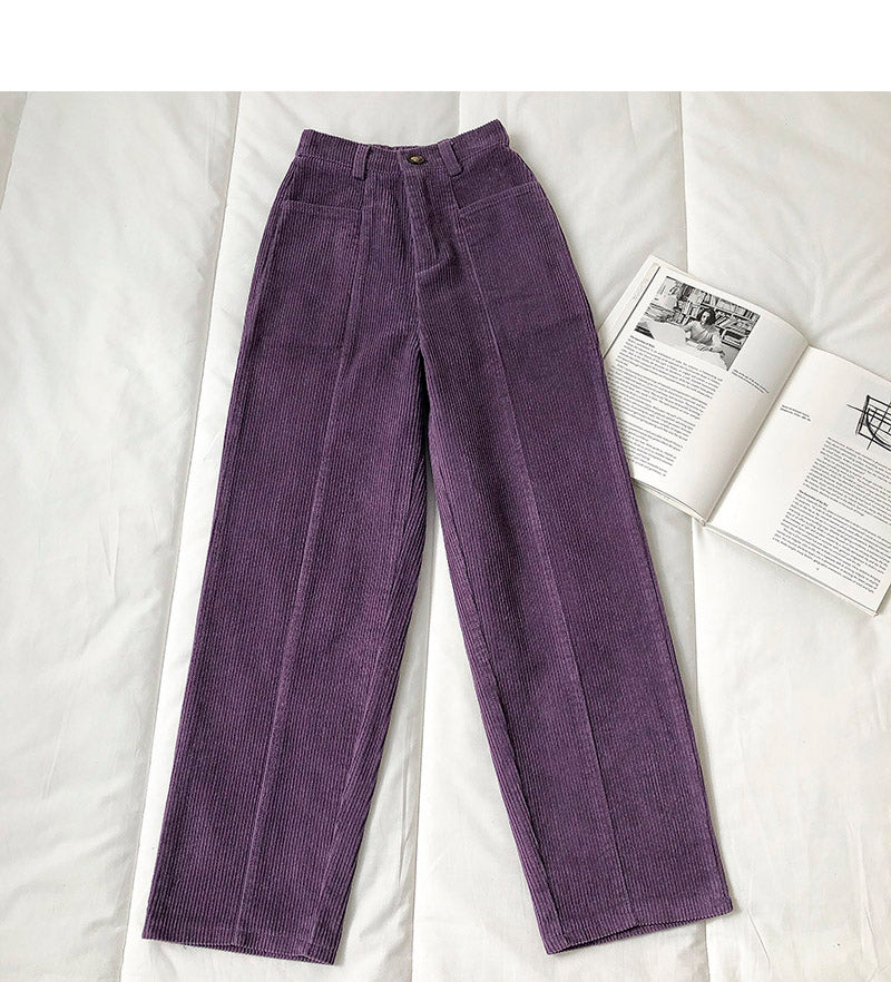 Loose Elastic Waist Purple Solid Corduroy Long Pants