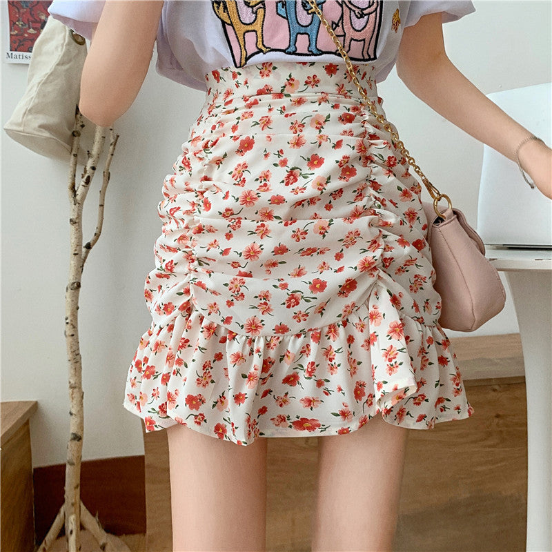 High Waist Fold Floral Pattern Mini Skirts