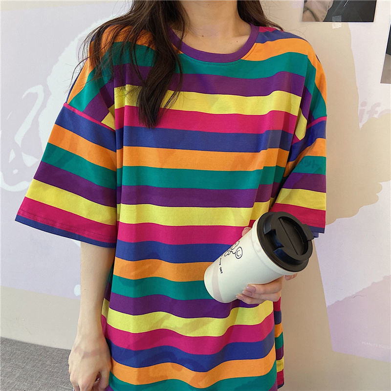 Loose Short Sleeve Cute Striped Shirts