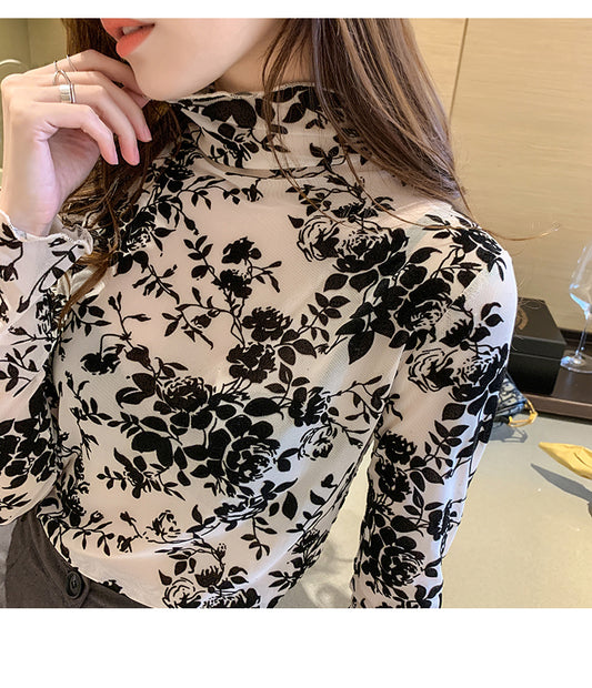 Long Sleeve High Neck Flowers Pattern Shirts