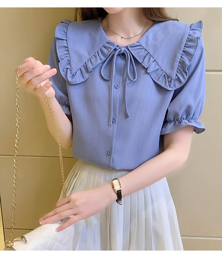 Loose Short Sleeve Doll Collar Blouse Shirt