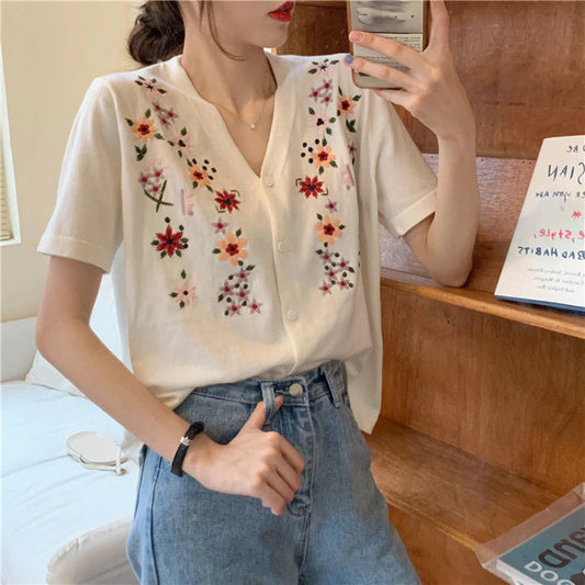 Short Sleeve V-Neck Floral Embroidered Shirts