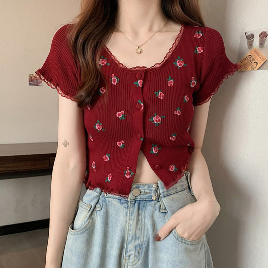 Short Sleeve Floral Pattern Lace Knitted Shirt