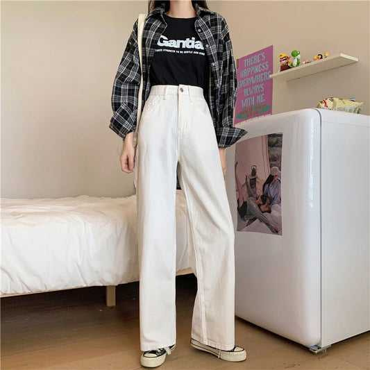 High Waist Loose Basic Colors Denim Long Pants