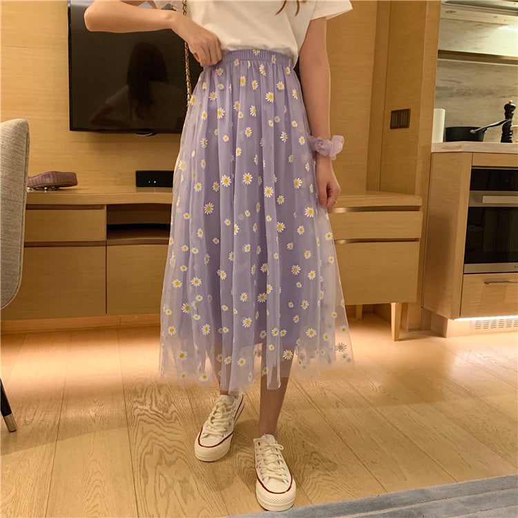 High Waist Daisy Pattern Long Skirts