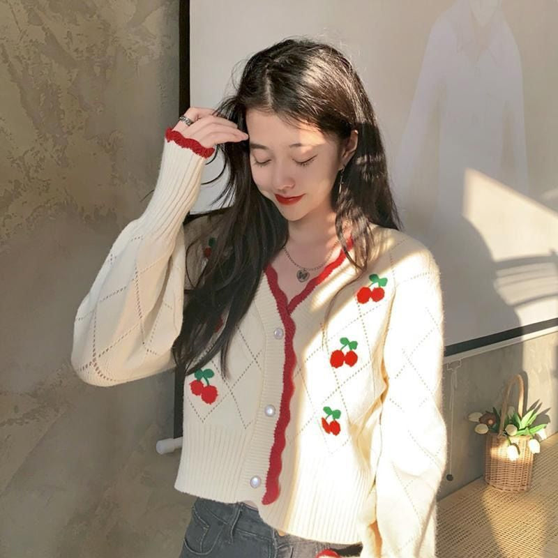 Retro Cherry Pattern Cardigan Sweater